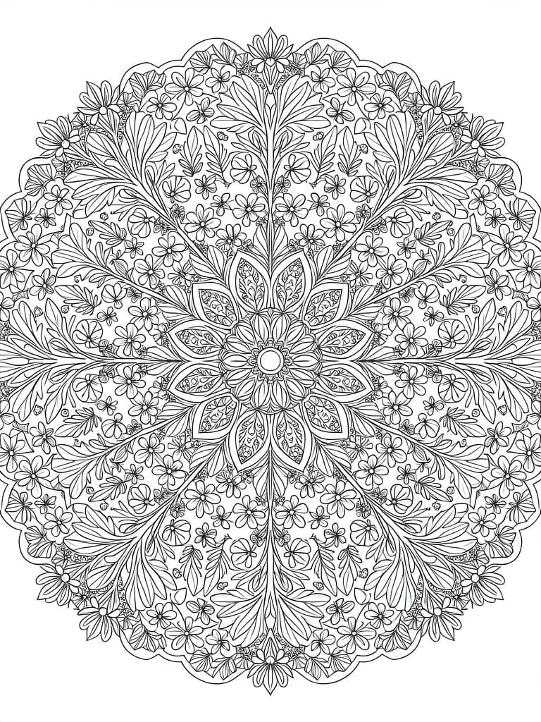 Black line art of a circular symmetrical mandala filled with flowers, leaves, vines, and petal motifs.