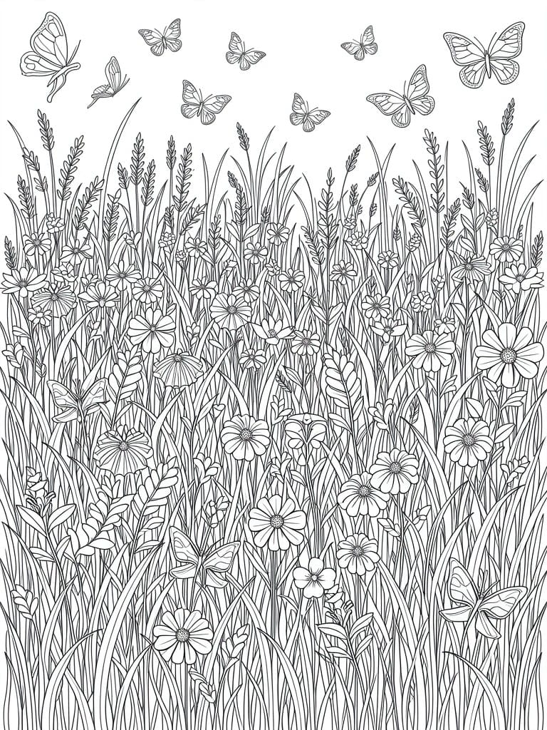 Black and white line art of tall grasses, wildflowers, and butterflies filling a vertical page.