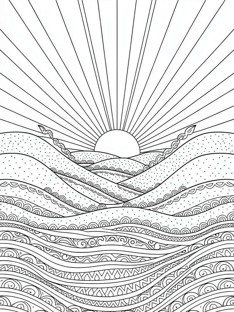 Line art coloring page featuring a large sun with rays above dotted and swirling hills over wavy sea patterns.