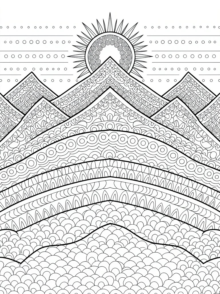 Line drawing of a sun rising over layered mountains with intricate dot, circle, and wave patterns.