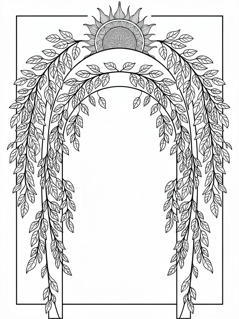 Line drawing of a symmetrical arch with cascading leaves and a sunburst at the top.