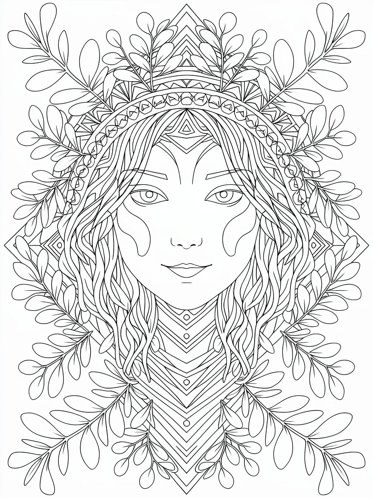 Line art coloring page of a symmetrical woman's face with wavy hair, tribal cheek markings, geometric headdress, and surrounding leaf and diamond patterns.