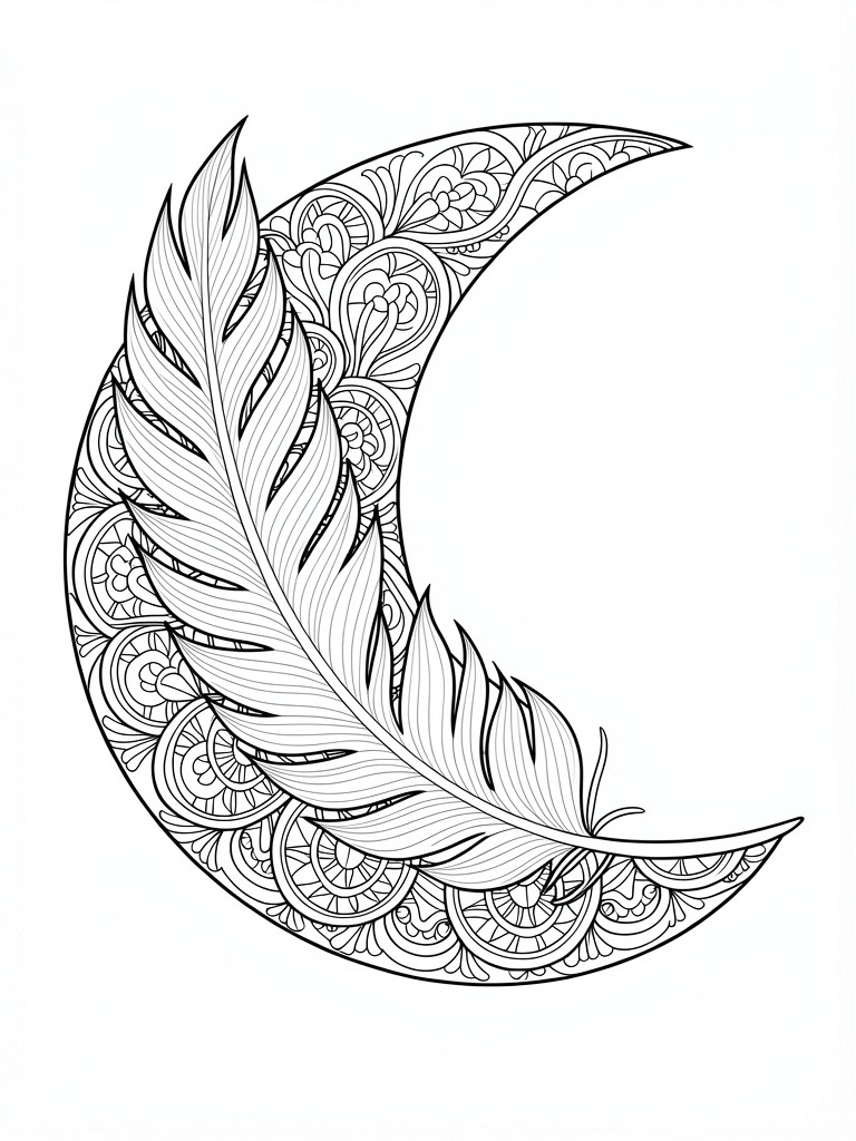 Black line art of a crescent moon integrated with a feather, both filled with intricate floral and geometric patterns.