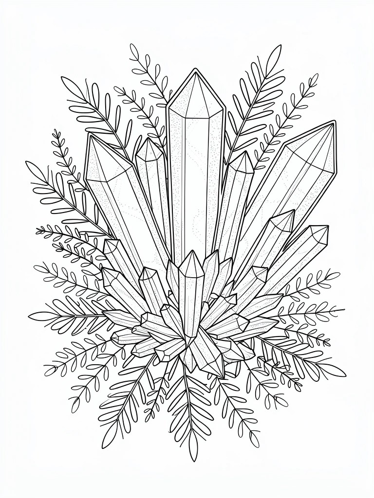 Line art coloring page featuring a central cluster of faceted crystals surrounded by radiating fern leaves.