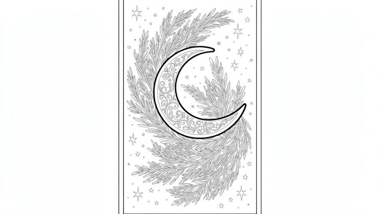 Line art of a crescent moon with internal stars, surrounded by swirling fern fronds and scattered stars.