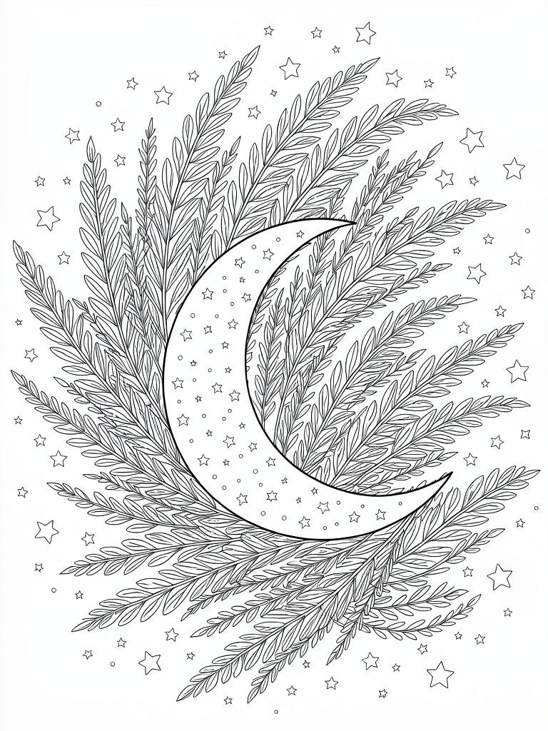 Line art of a crescent moon with internal stars, surrounded by swirling fern fronds and scattered stars.