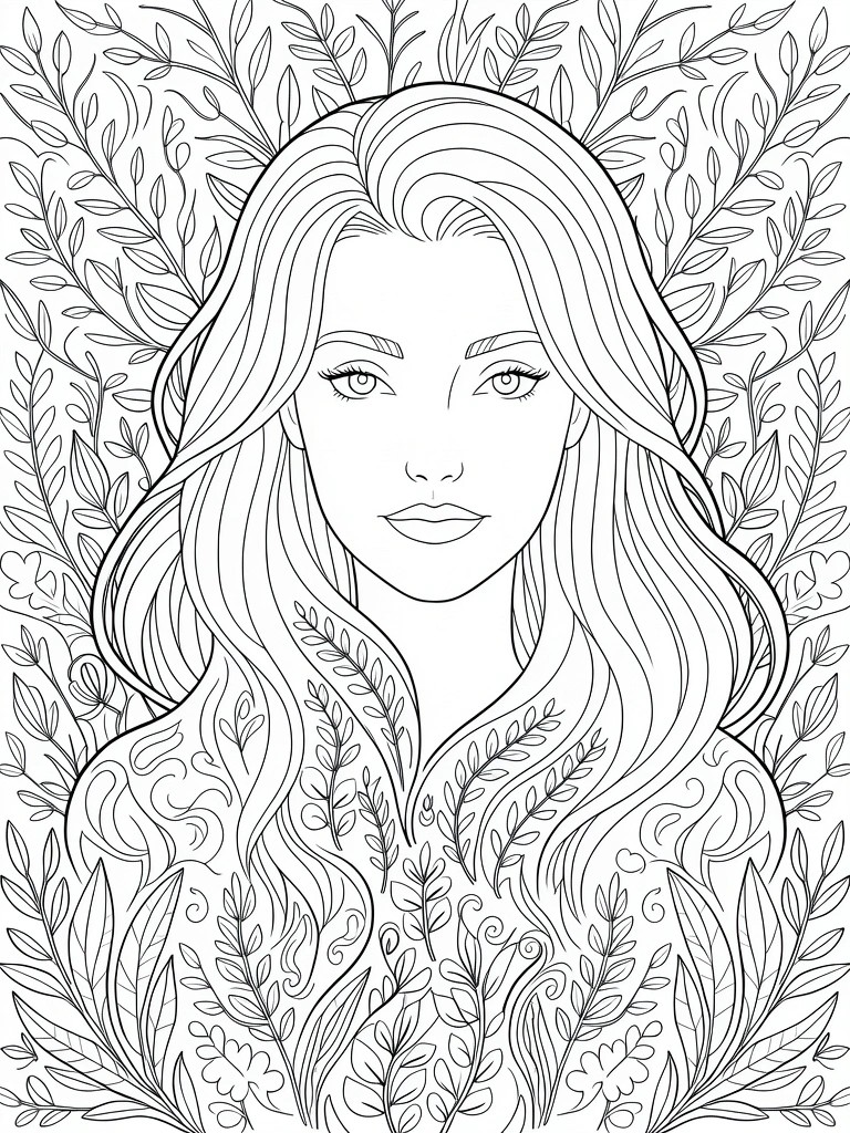 Line art portrait of a woman with wavy hair filled with leaves and vines, surrounded by foliage patterns.