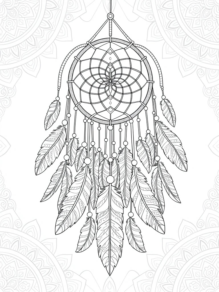Line drawing of a centrally hanging dreamcatcher featuring a detailed web, multiple dangling feathers with beads, and surrounding mandala patterns.