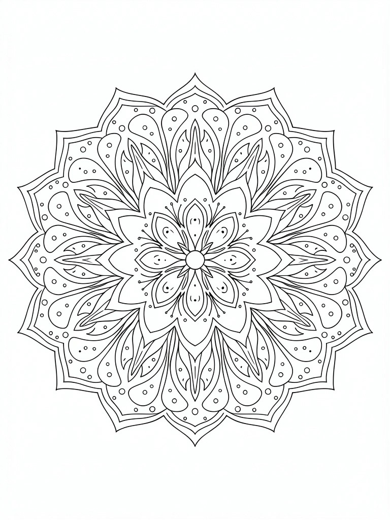 Black line drawing of a circular mandala with layered petals, leaves, swirls, and dots in symmetrical design.