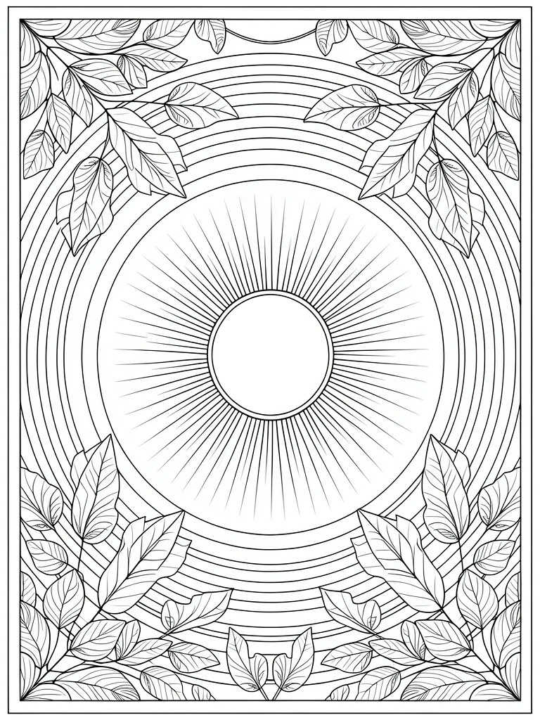 Black line art coloring page featuring a central sun with rays inside concentric circles and leaves in the corners.