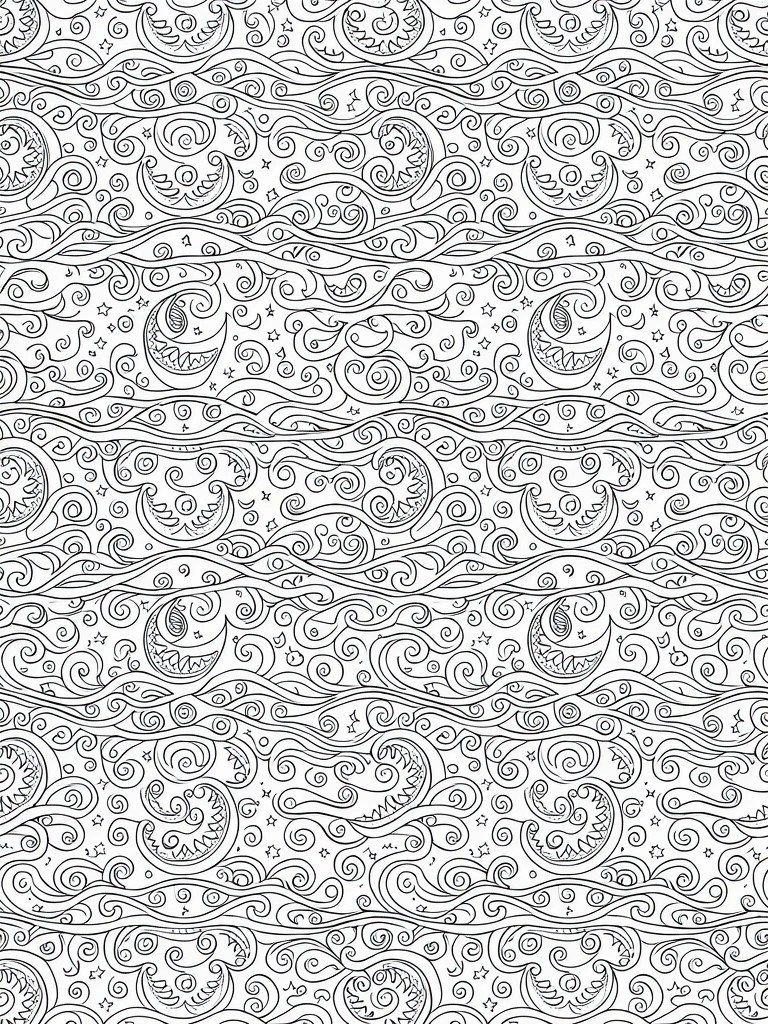 Black line art coloring page with repeating horizontal rows of swirling waves, crescent moons, and stars.