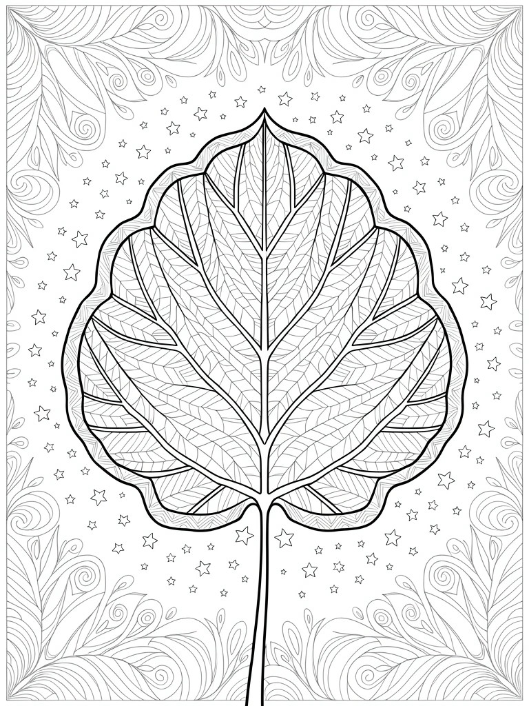 Line art coloring page featuring a central detailed lobed leaf surrounded by stars, swirls, and an ornate border.