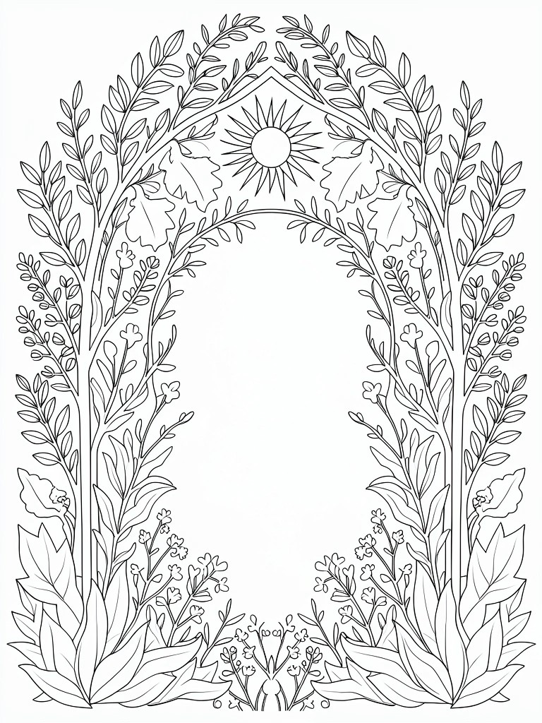 Black line art coloring page of a symmetrical arched botanical frame with sun, leaves, ferns, vines, flowers, and berries.