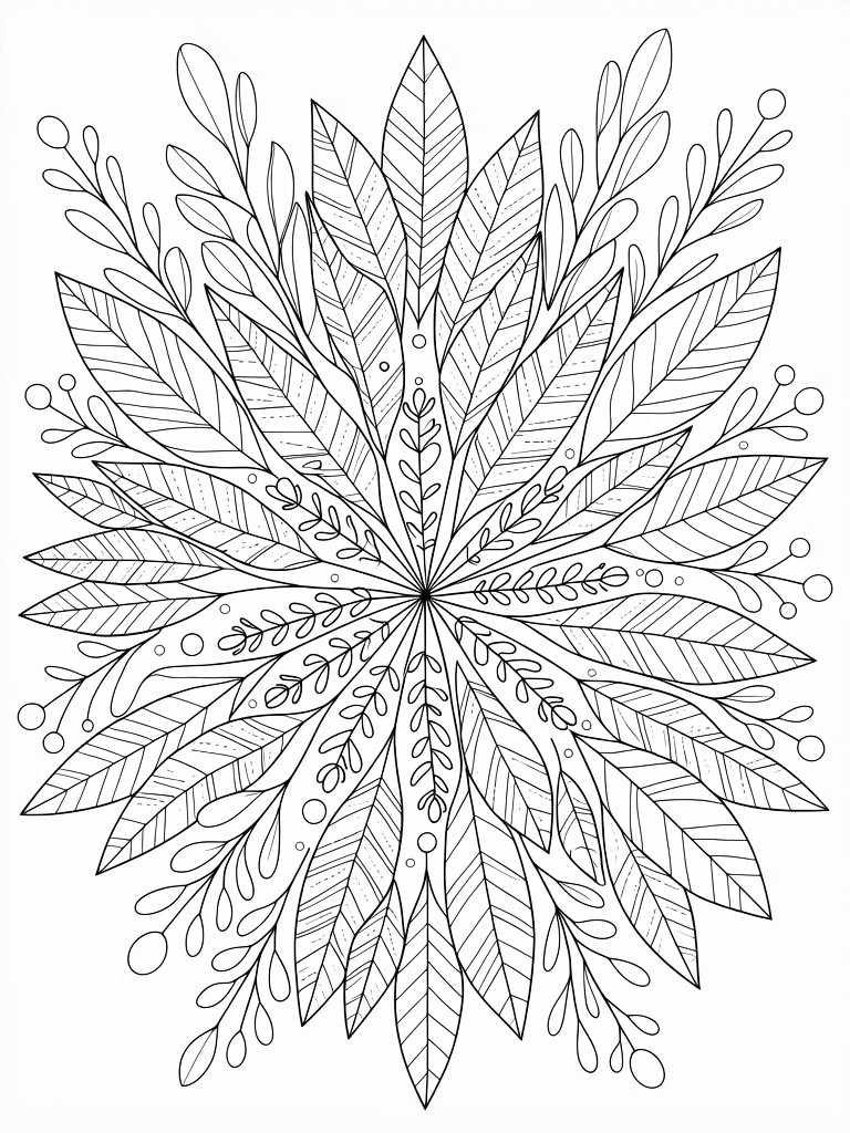 Black line drawing of a circular mandala with detailed radiating leaves and berry clusters.