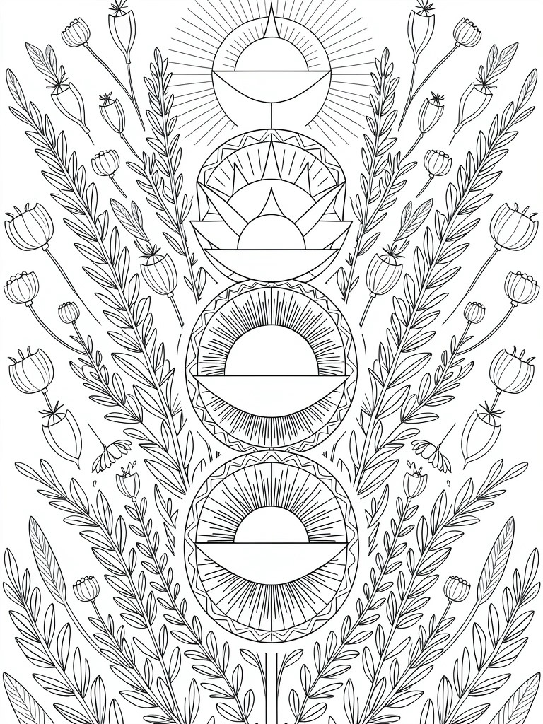 Black line art of three stacked semi-circle suns with ray patterns, surrounded by poppy stems, leaves, and buds in a vertical composition.