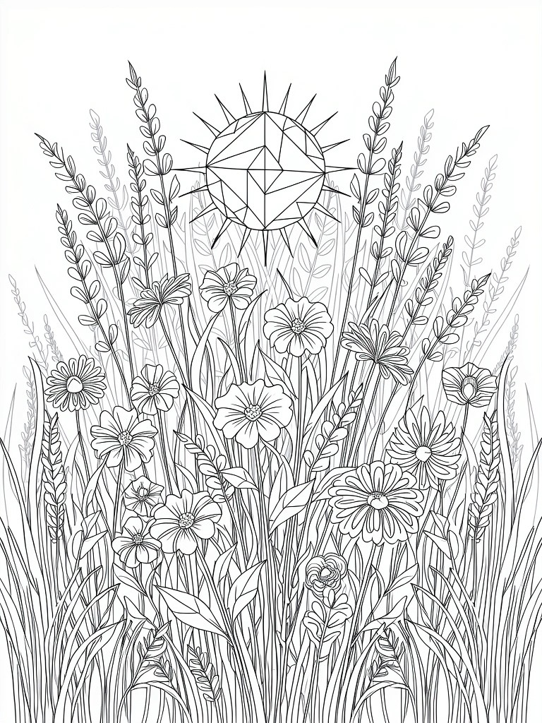 Line art coloring page featuring tall grasses, lavender stems, daisies, and a geometric sun at the top.