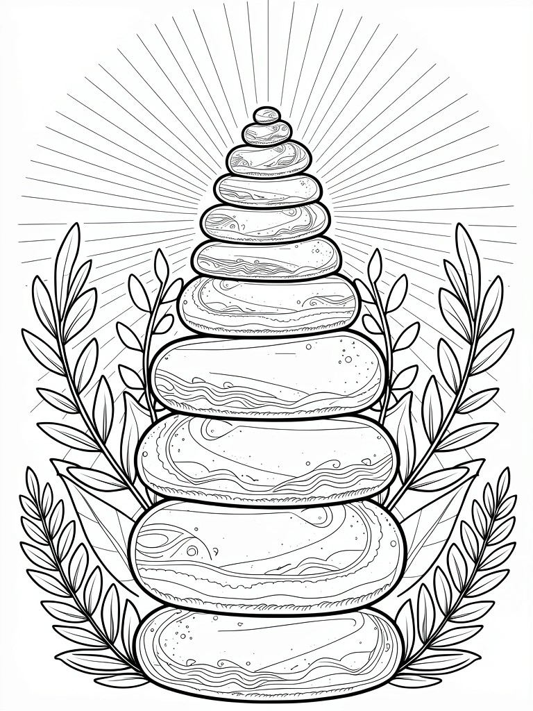 Line art of a tall stack of textured stones topped by a small stone, with radiating sun rays behind and laurel branches framing the sides.
