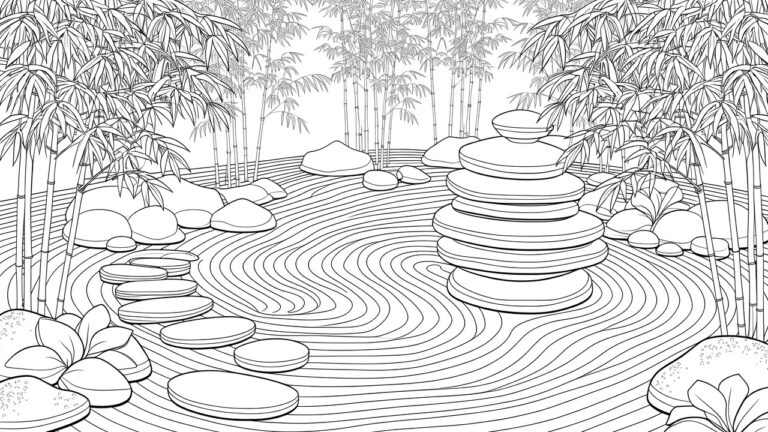 Line art of bamboo forest with stacked stones along a rippling stream path.