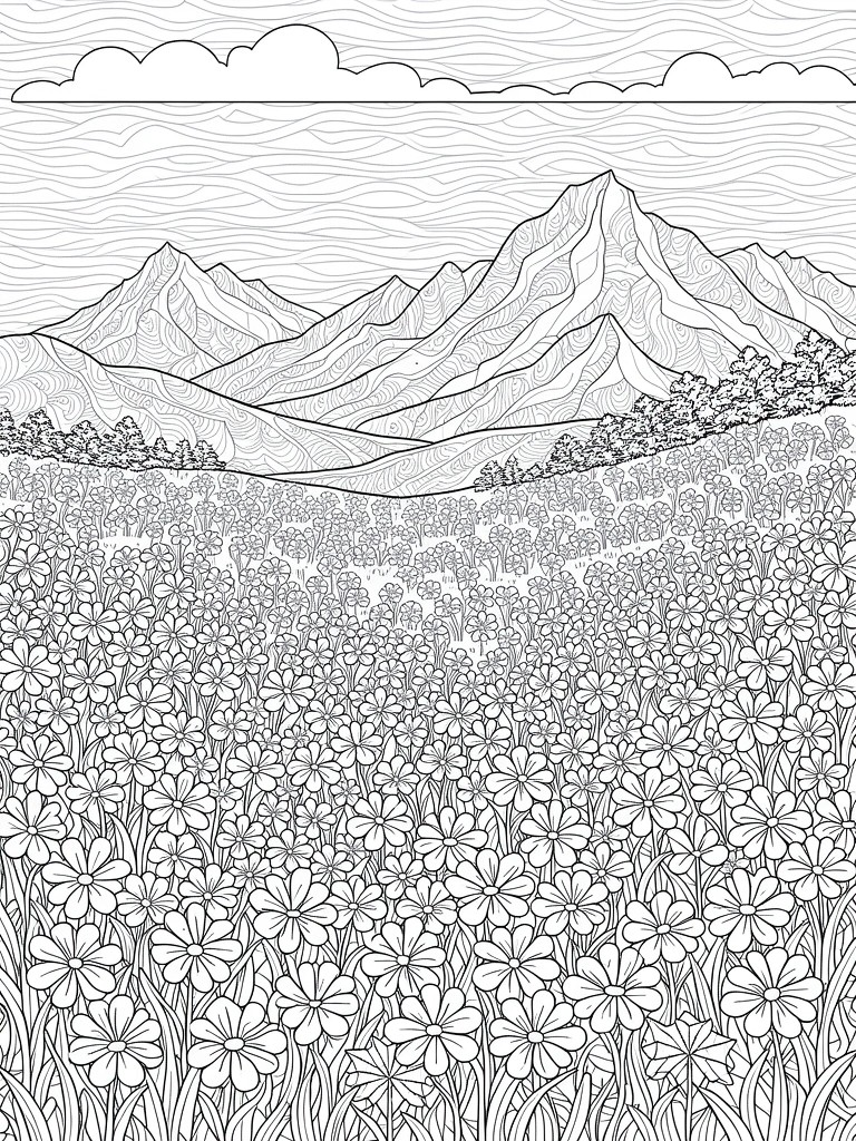 Black and white line art of jagged mountains, wavy clouds, rolling hills, and a dense field of flowers with intricate swirling patterns.