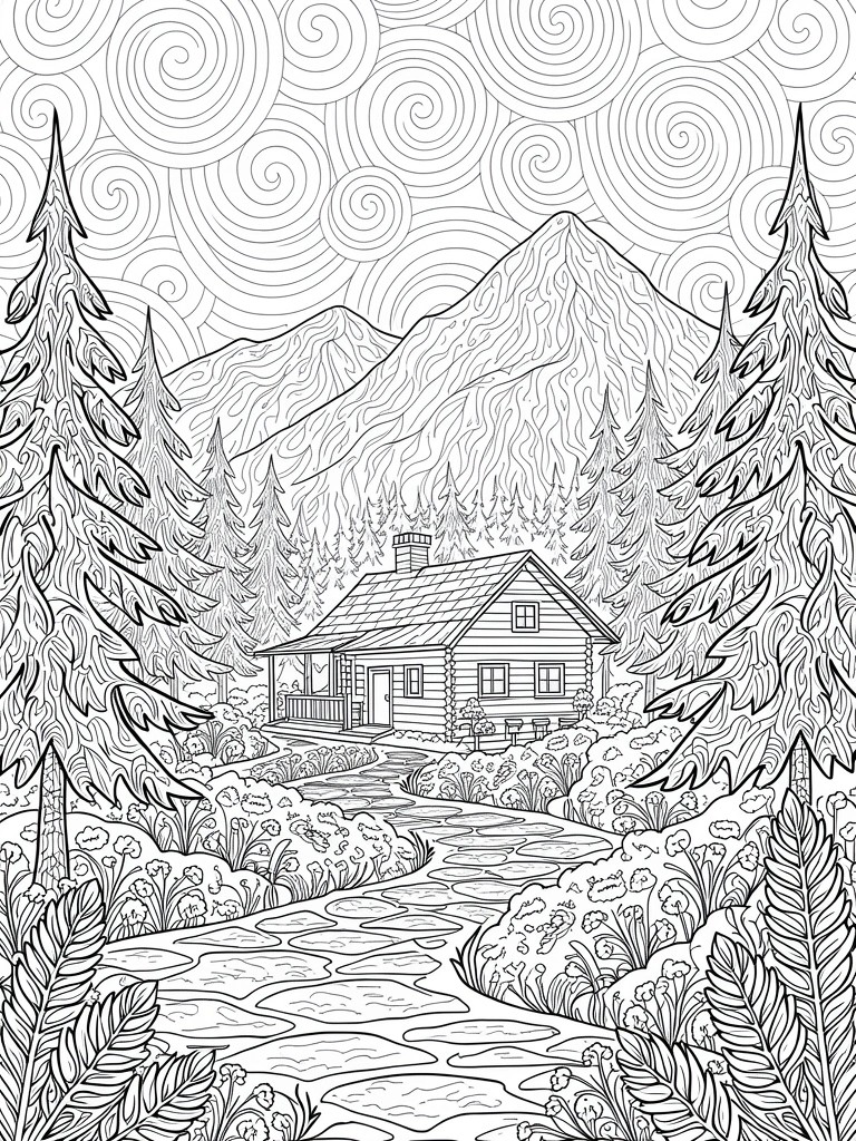 Black and white zentangle-style coloring page of a log cabin on a path amid patterned pine trees and mountains.