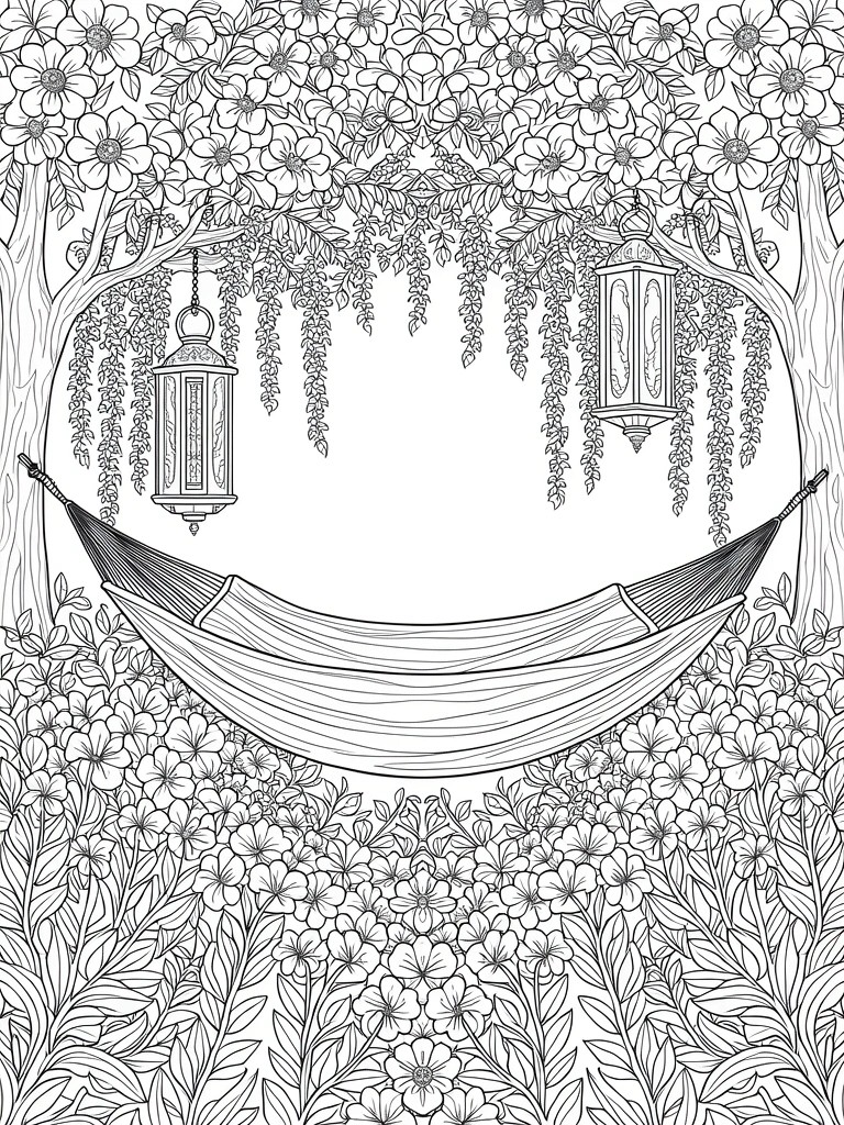 Black and white line drawing of a hammock between trees framed by vines, lanterns, and dense flowers.