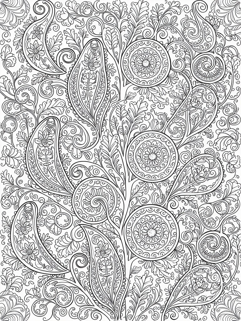 Black line art coloring page featuring paisley leaves, mandala circles, and swirling vines in a vertical branching design.