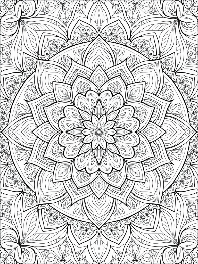 Detailed black line art of a symmetrical circular mandala filled with layered floral patterns and leaves.
