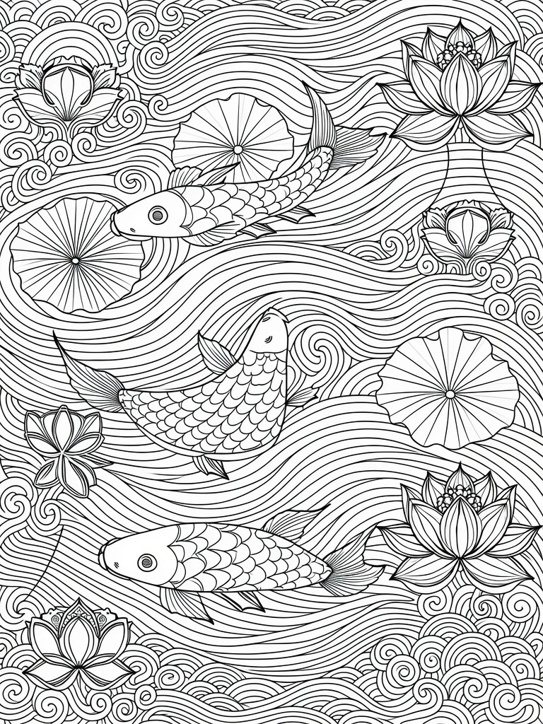 Black and white line drawing of three koi fish swimming amid lotus flowers and swirling waves.