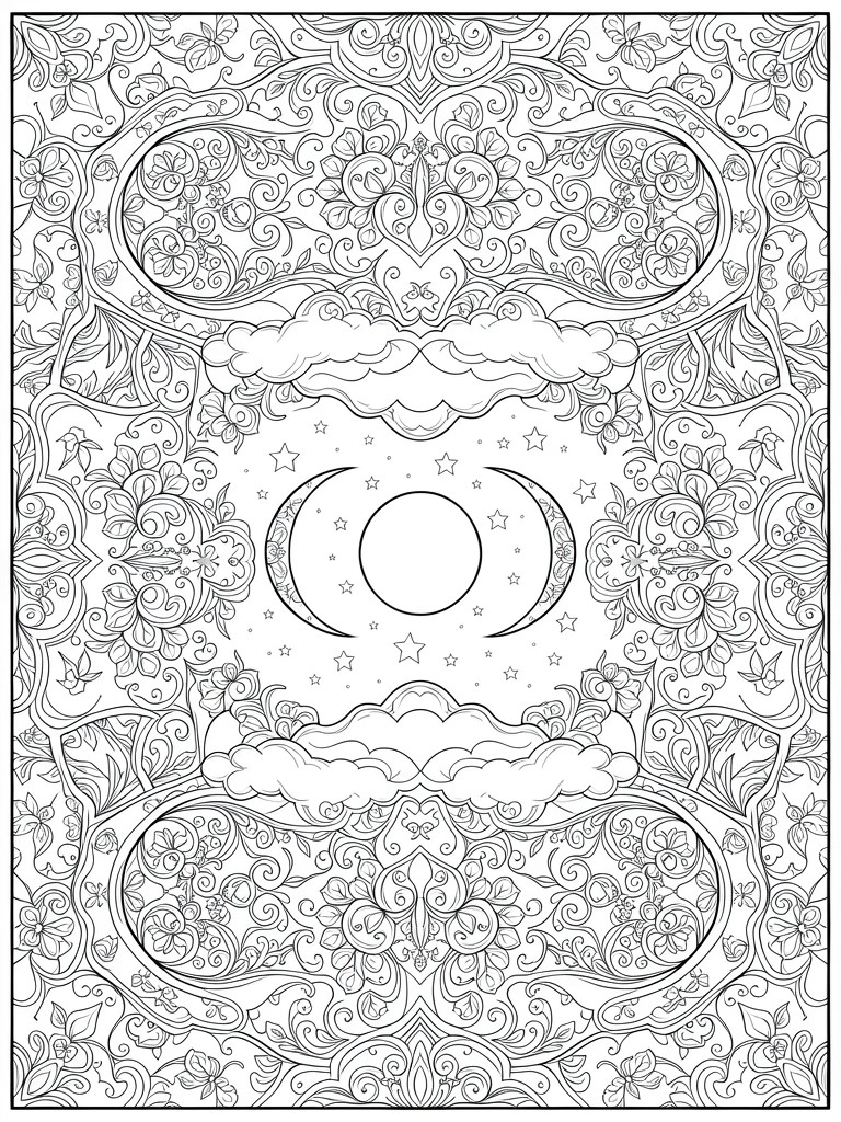 Black line art coloring page with symmetrical ornate patterns, central moons and stars, clouds, and swirling floral vines.