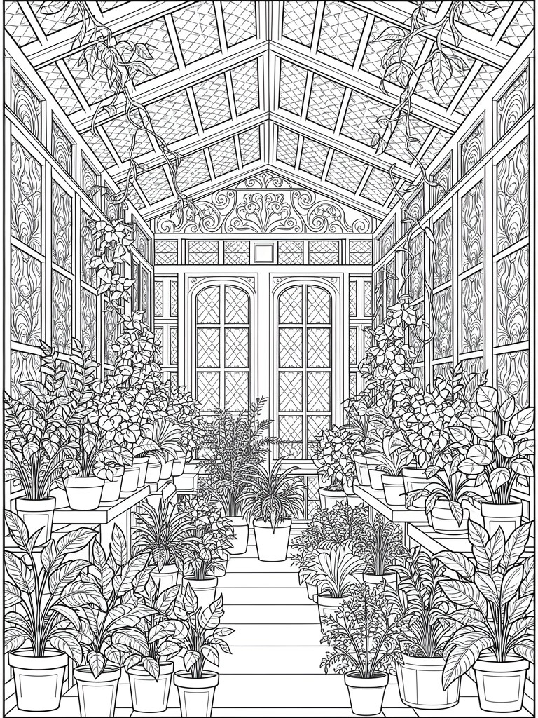 Line drawing of a detailed glass conservatory interior with plants on shelves, vines, and a central staircase to double doors.
