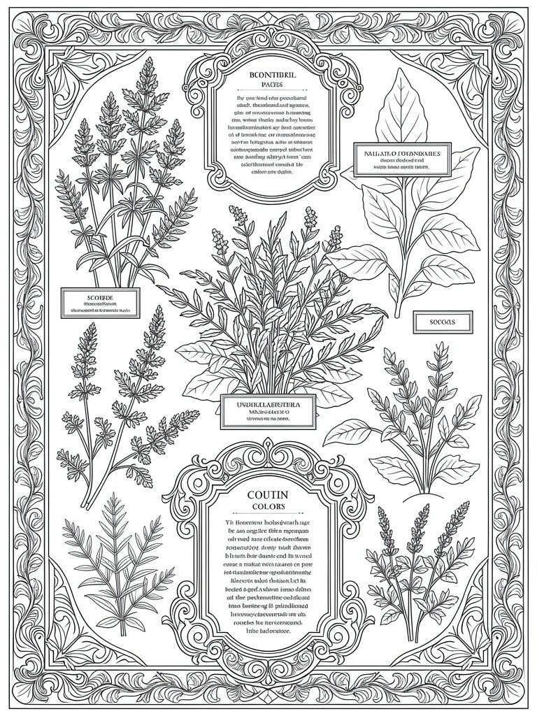 Black line drawing of seven labeled herbs in decorative frames on a symmetrical coloring page.
