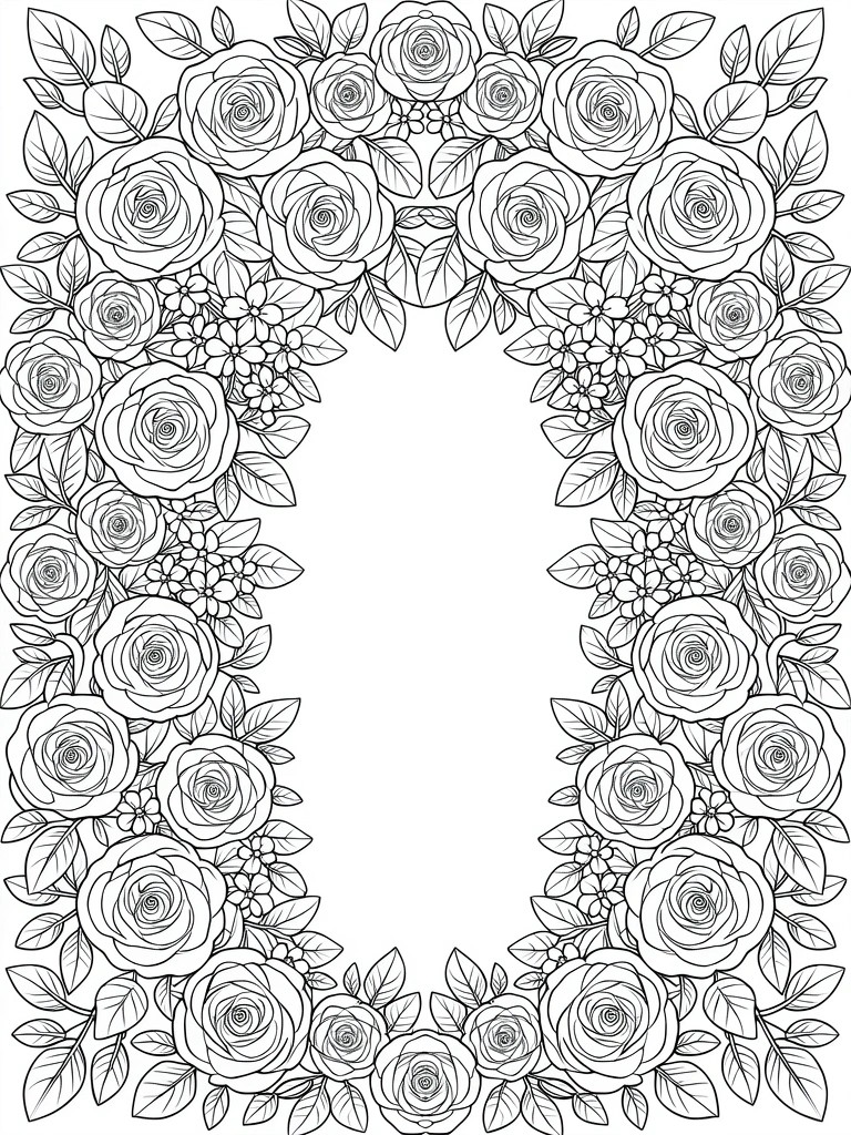 Black line drawing of densely packed roses, leaves, and small flowers forming a symmetrical oval border with empty center.