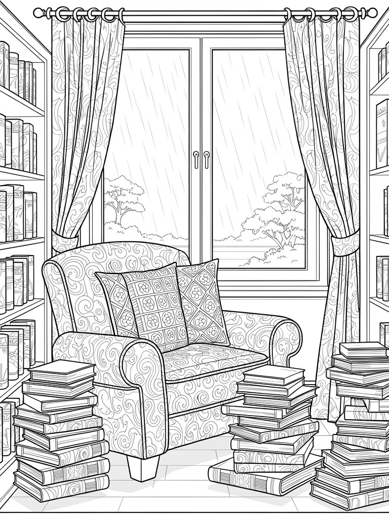 Line drawing of bookshelves, armchair with pillows and book stacks, curtains, rainy window with trees, and floor books in a room.