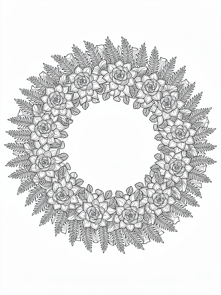 Line art coloring page of a symmetrical circular wreath with roses and fern leaves.