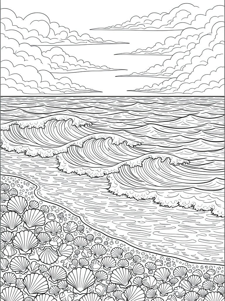 Line drawing of a beach scene with many seashells on sand, ocean waves, sea, and cloudy sky.