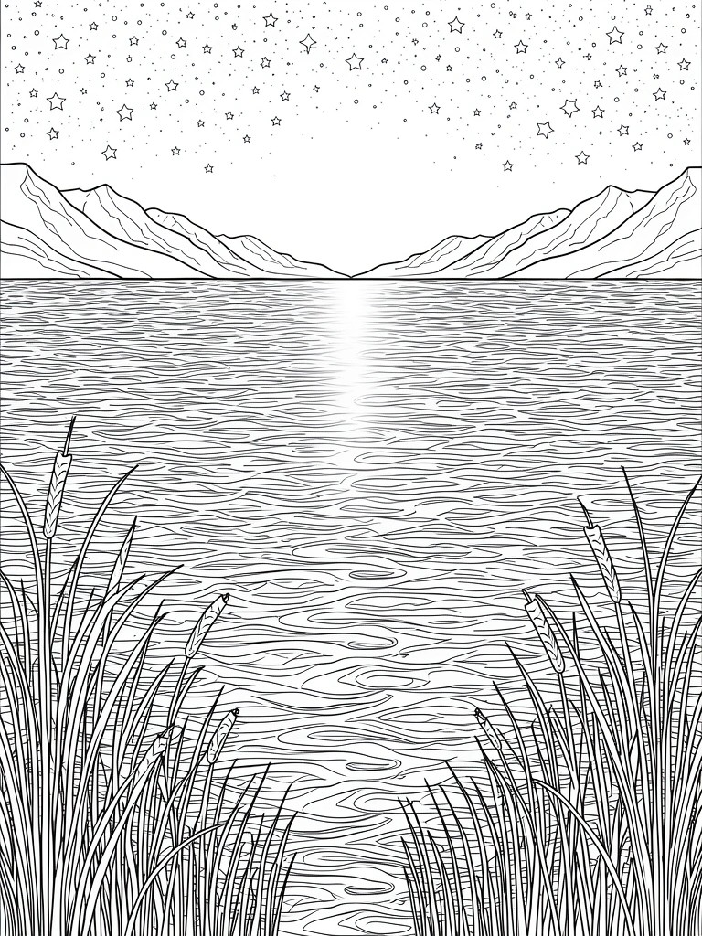 Line art coloring page of a starry sky over a mountain lake with foreground reeds.