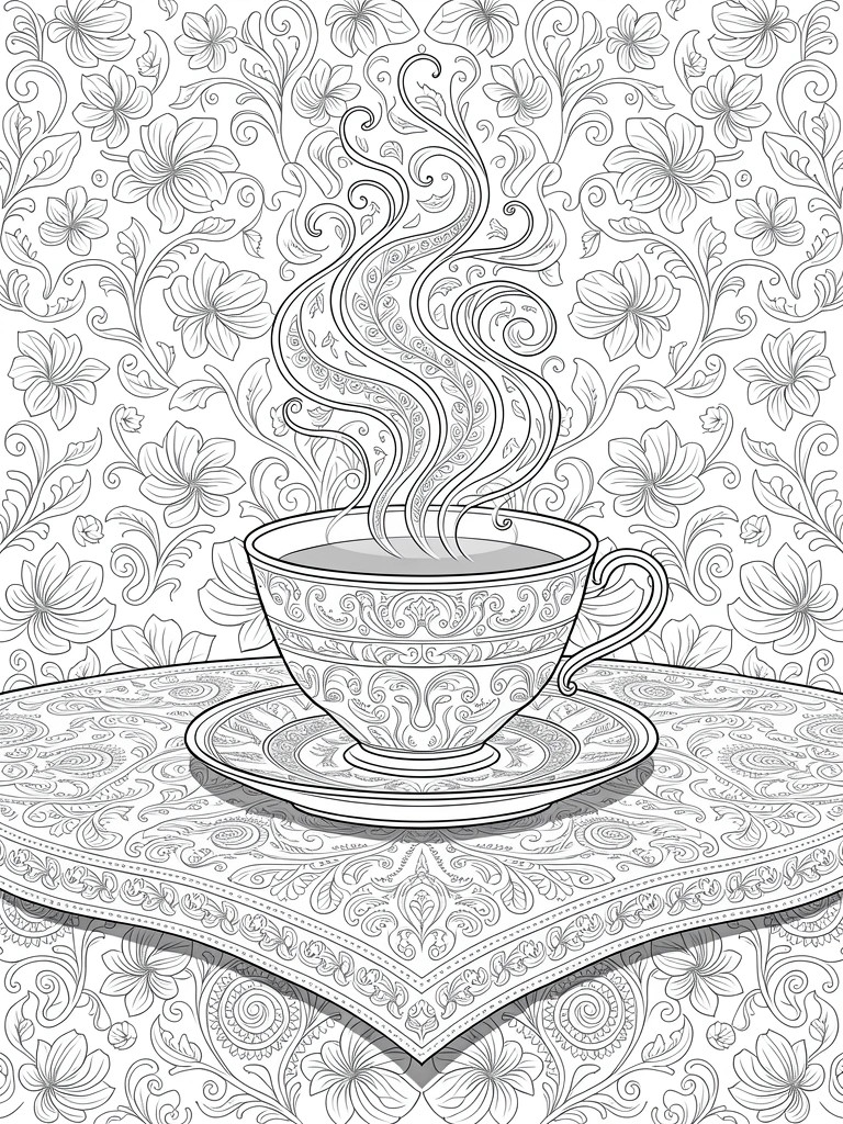 Black and white line art of a teacup with rising steam on a saucer over a patterned tablecloth, framed by intricate swirling floral vines.