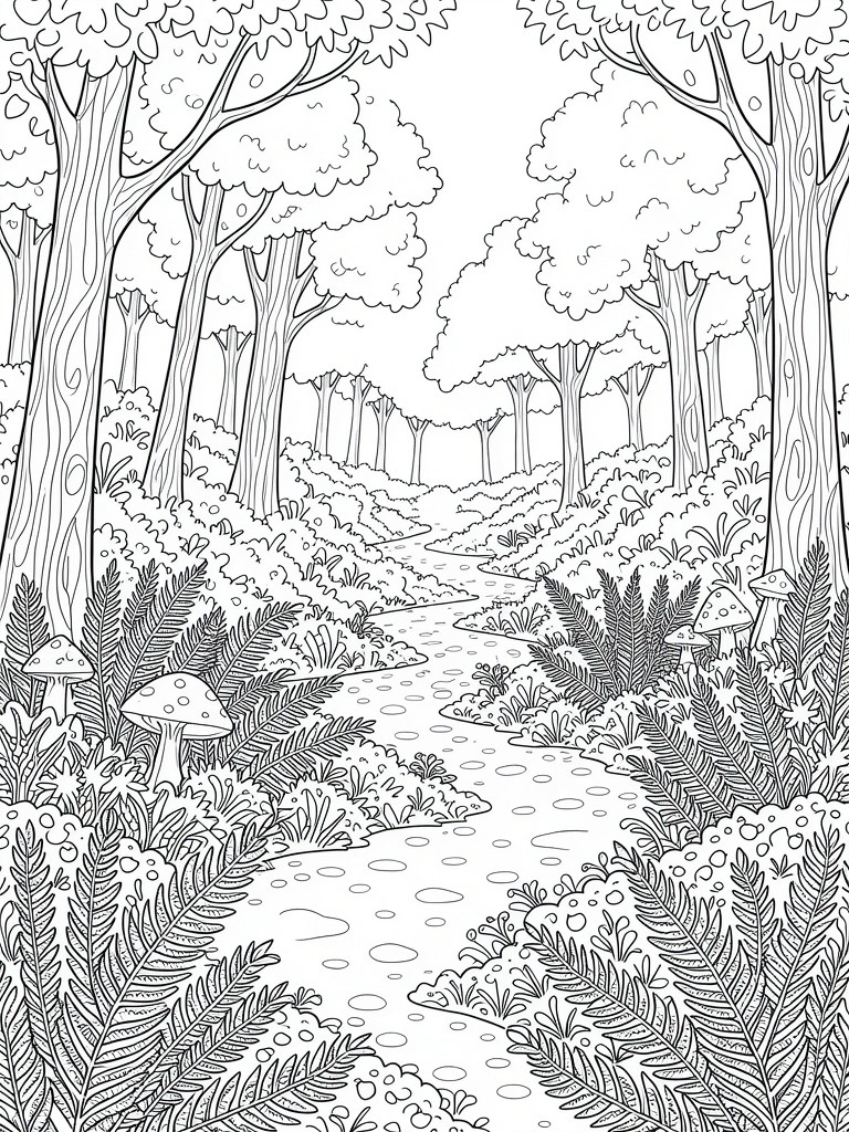 Black and white line drawing of a winding path through a forest with trees, ferns, and mushrooms.