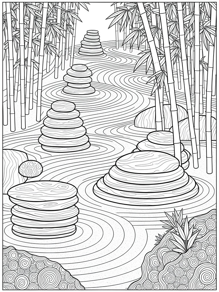 Line art of bamboo forest with stacked stones along a rippling stream path.