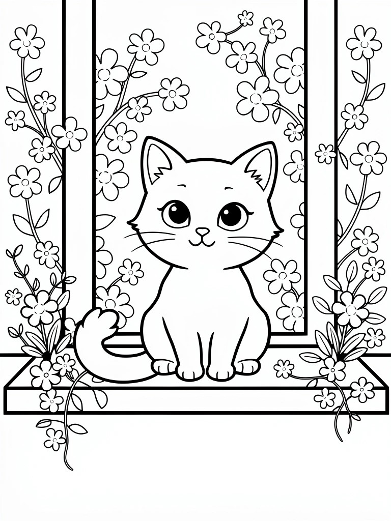 Line drawing of a kitten sitting on a windowsill surrounded by vine-like flowers.