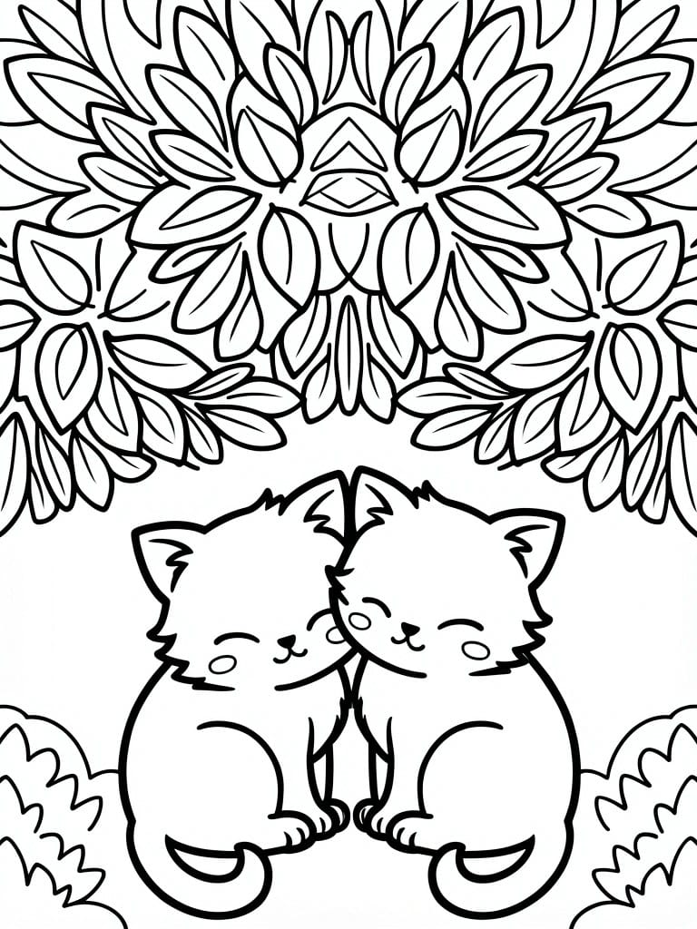 Coloring page with two nuzzling kittens below a detailed symmetrical floral mandala.