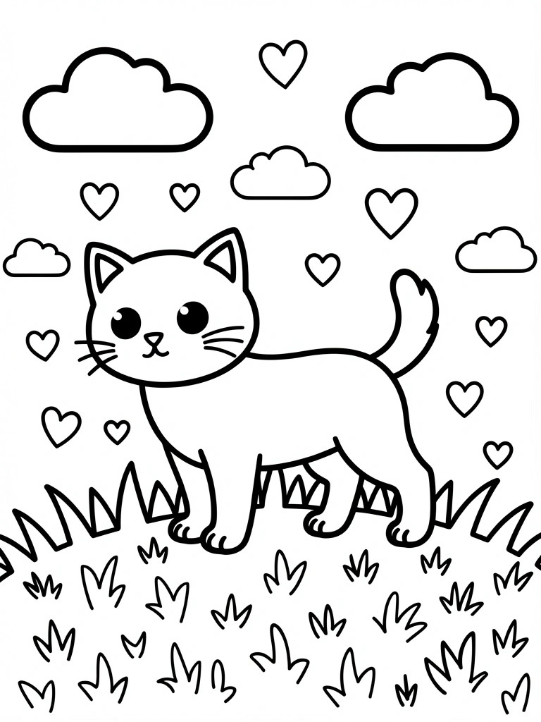Line drawing of a kitten on grass under clouds with floating hearts.