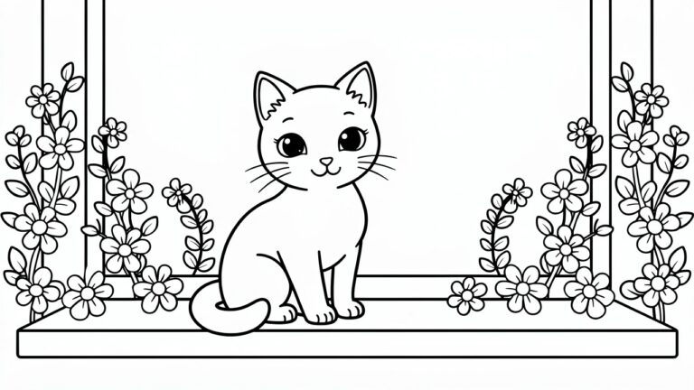 20 Sweet Kitty Coloring Pages That Feel Timeless Line drawing of a kitten sitting on a windowsill surrounded by vine-like flowers.