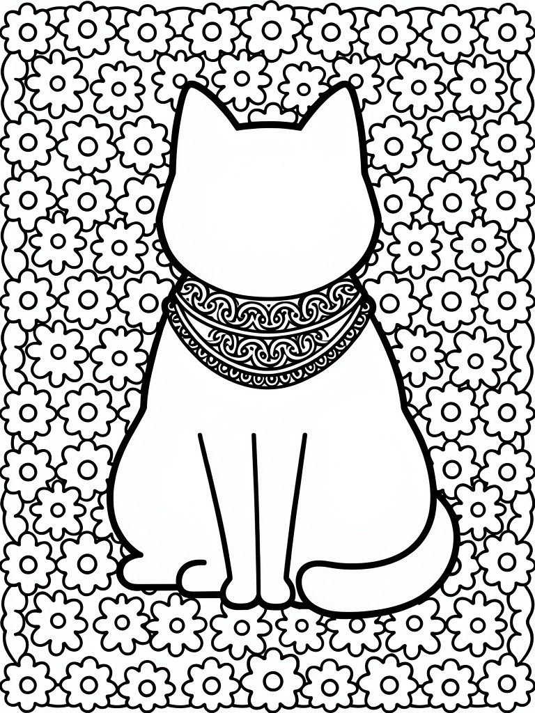 Line drawing of a centered sitting cat with detailed swirling collar inside dense flower patterns and border.