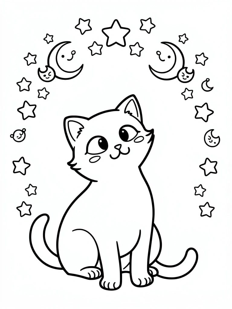 Black line drawing of a cute sitting cat centered under an arch of stars and crescent moons.