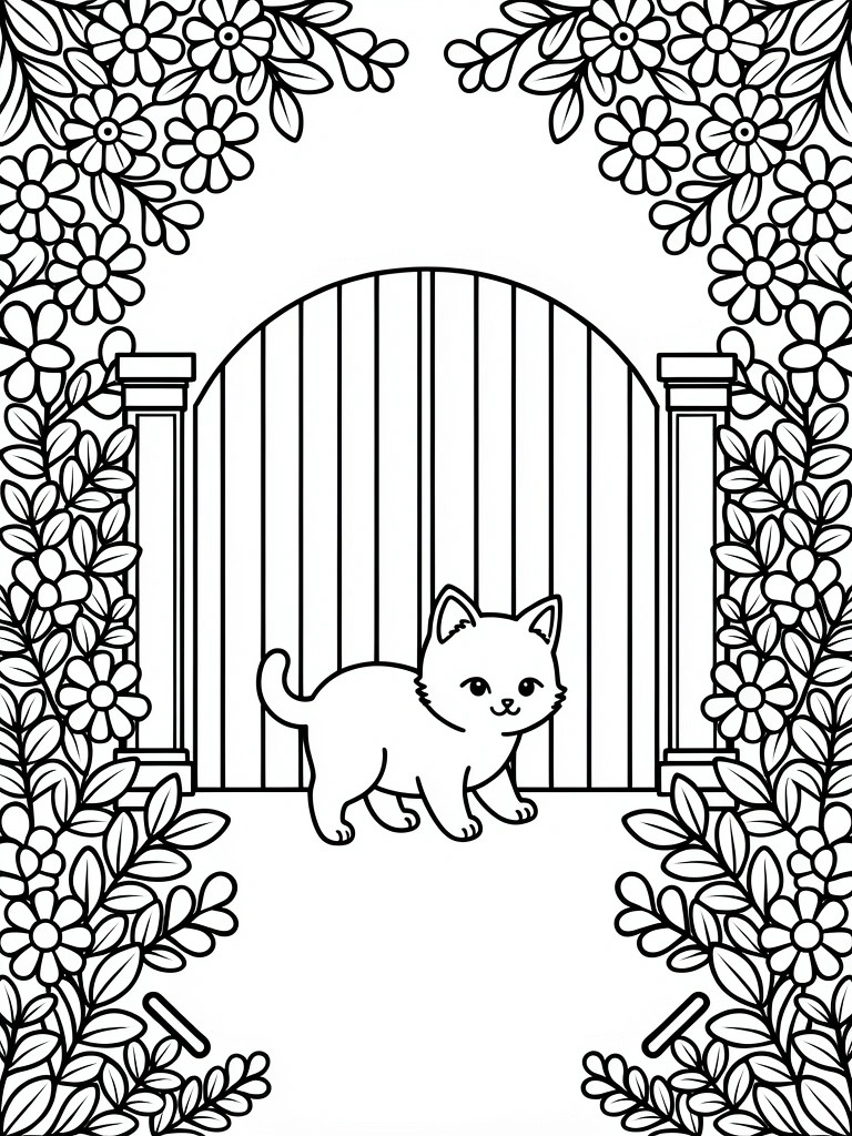 Black and white line art of a kitten in front of an open arched gate framed by vine and flower patterns.