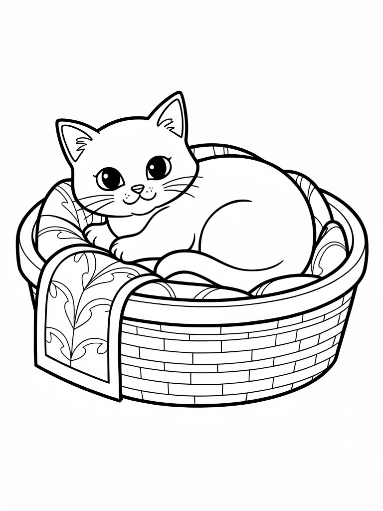 Line drawing of a cute kitten lying relaxed in a basket lined with blankets and a draped towel.