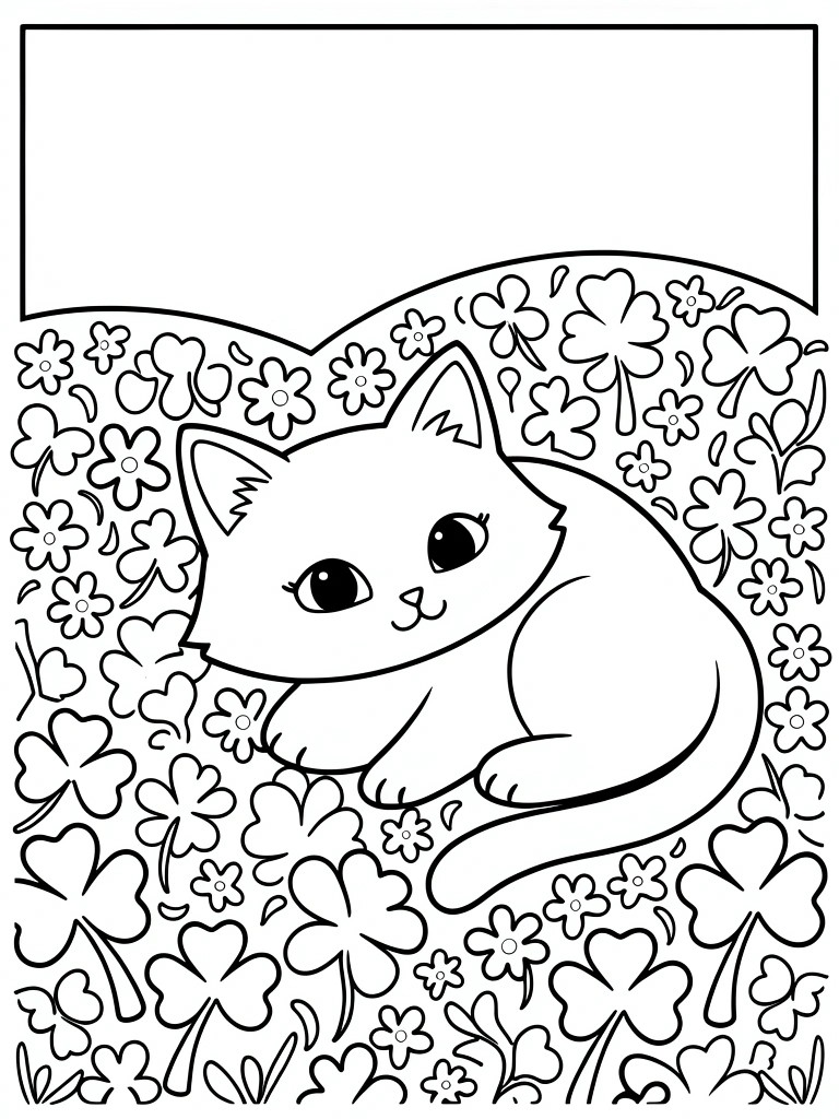 Black and white line drawing of a smiling kitten lying on shamrocks surrounded by flowers.