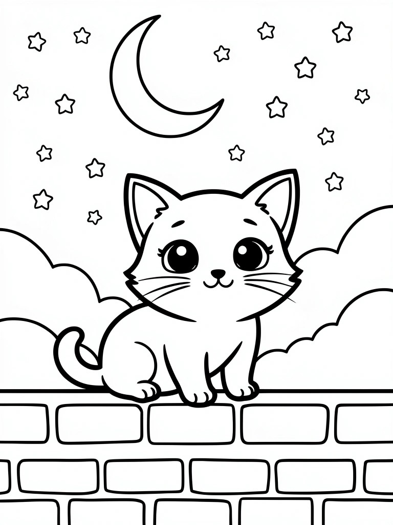 Line art of a cute kitten sitting on a brick wall with a starry night sky, crescent moon, and clouds above.