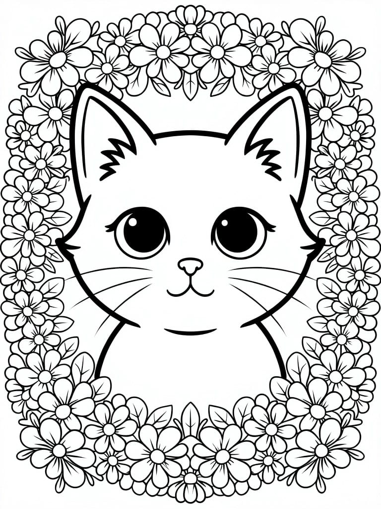 Black outline drawing of a kitten face centered inside a circular border of flowers and leaves.